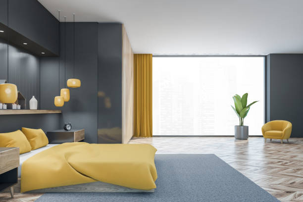 istock Grey and wooden sleeping room with bed on carpet and decoration 1307227938