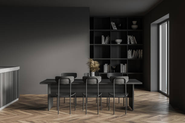 istock Gray and wooden kitchen with table 1307228009