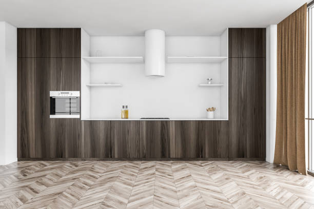 istock Wooden and white kitchen set near window with curtains 1307228365