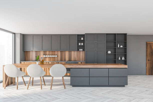 istock White and gray kitchen with table and door 1307229305