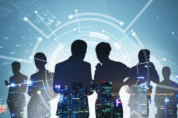 istock Business people in night city, network interface 1307229683