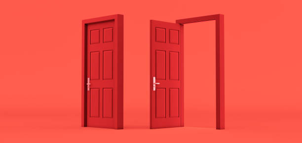 istock Set of different red door isolated on colored background, 3D render 1307230938