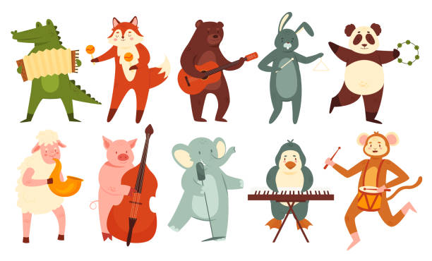 tiere spielen musik-set, niedliches orchester, band von haus- oder wildtier-musiker spielen - play the ape stock-grafiken, -clipart, -cartoons und -symbole