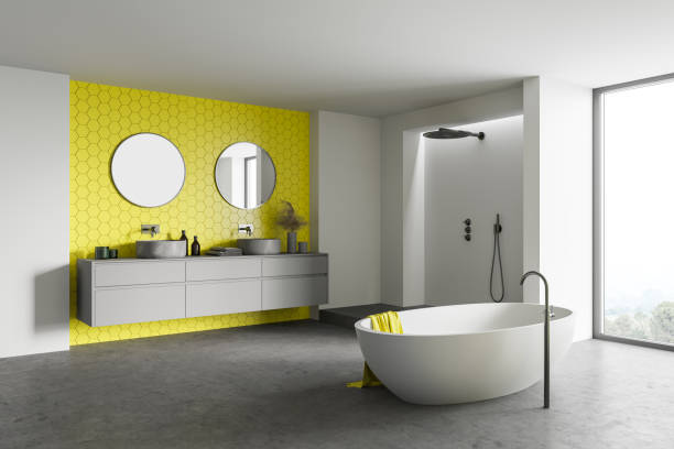 istock Modern yellow and white bathroom corner 1307231594