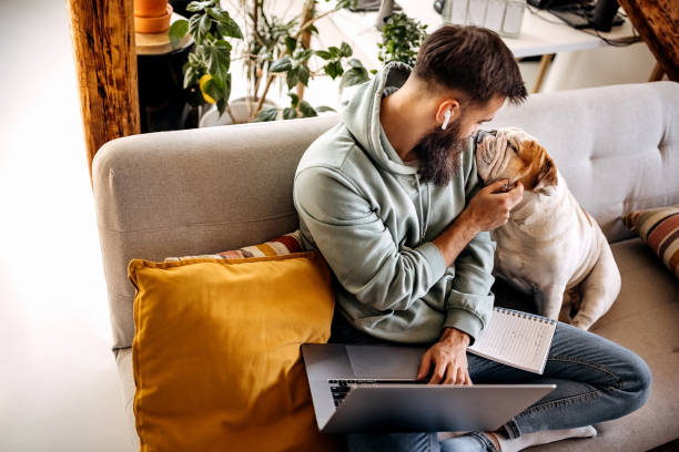 istock Concentrated man working on the sofa with his dog 1307233420