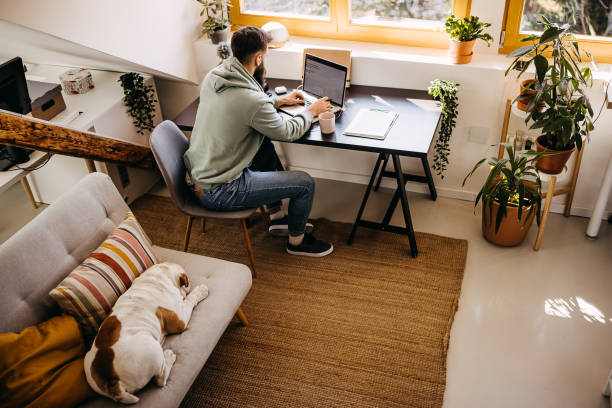 istock Young bearded man working from home with his dog 1307234221