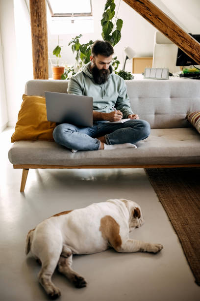 istock Young hipster working at home with his sleeping dog 1307237076
