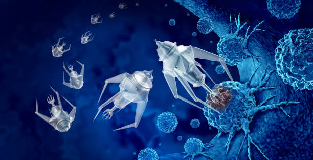 Nanotechnology Medical Treatment Nanotechnology medical treatment and future medicine concept as a group of microscopic nano robots or nanobots programed to kill cancer cells or human disease as a futuristic health care cure symbol as a 3D render. nanotechnology stock pictures, royalty-free photos & images