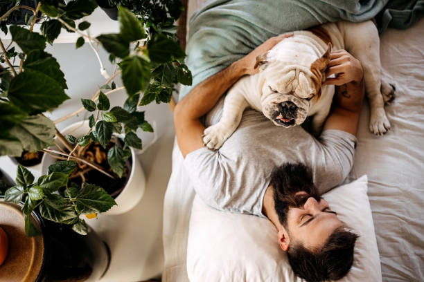 istock Young man waking up with his dog 1307237949