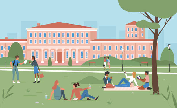 illustrazioni stock, clip art, cartoni animati e icone di tendenza di scena educativa, studenti felici seduti insieme sull'erba verde del parco estivo, che studiano - città universitaria