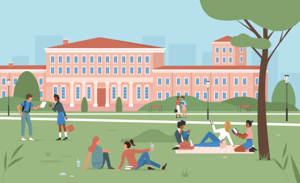 Education scene, happy students sitting on summer park green grass together, studying Education scene vector illustration. Cartoon young happy student characters sitting on summer park green grass together, girl boy teens studying near university or college building facade background fun school background stock illustrations