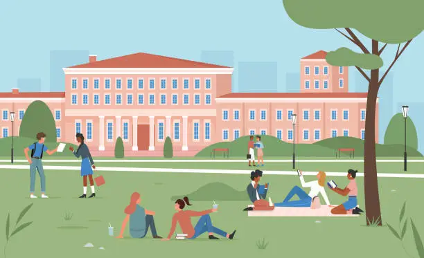 Vector illustration of Education scene, happy students sitting on summer park green grass together, studying
