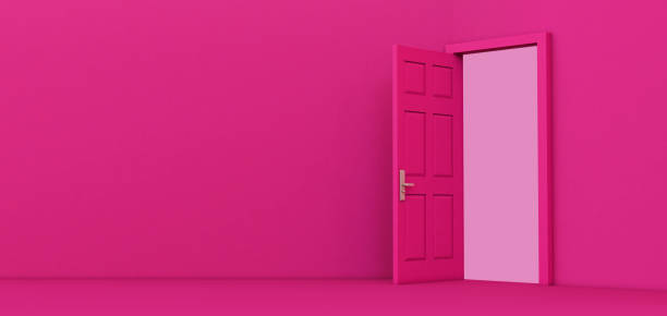 istock pink open door isolated on colored background, 3D render 1307239487