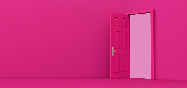 pink open door isolated on colored background, 3D render