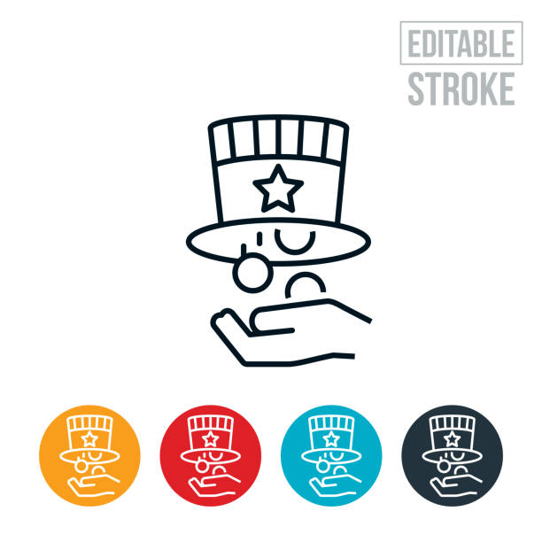 Government Stimuls Payment Thin Line Icon - Editable Stroke An icon of an uncle sams hat droping coins into a hand to represent government stimulus money being used to help struggling people. The icon represents a person required to make a choice on what path to take. The icon includes editable strokes or outlines using the EPS vector file. uncle sam broke stock illustrations