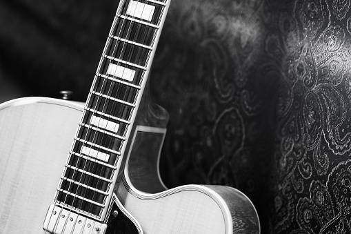 Large-bodied f-hole guitar with electric pickup, capable of being used both amplified and acoustically. The top is of spruce, the sides of maple and the fretboard of rosewood.