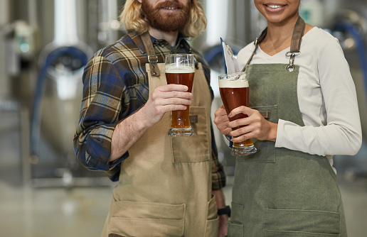 Cropped portrait of two smiling young workers holding beer glass and looking at camera while standing in workshop at brewing factory, copy space