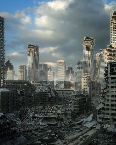 Digitally generated post apocalyptic scene depicting a desolate urban landscape with buildings in ruins.\n\nThe scene was created in Autodesk® 3ds Max 2020 with V-Ray 5 and rendered with photorealistic shaders and lighting in Chaos® Vantage with some post-production added.