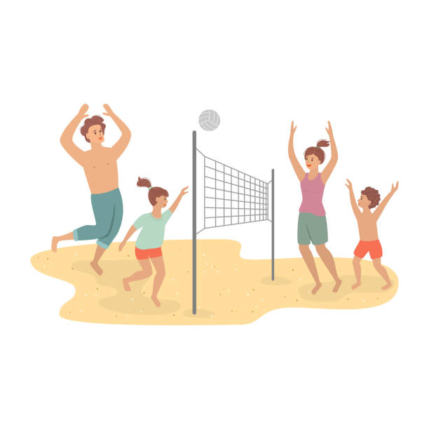 szczęśliwa rodzina gra w siatkówkę plażową. - beach volleyball stock illustrations