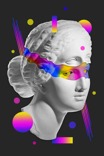 istock Collage with sculpture of human face in a pop art style. Modern creative concept image with ancient statue head. Zine culture. Contemporary art poster. Funky punk minimalism. Retro surreal design. 1307246038