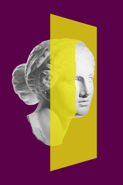 istock Collage with sculpture of human face in a pop art style. Modern creative concept image with ancient statue head. Zine culture. Contemporary art poster. Funky punk minimalism. Retro surreal design. 1307246067