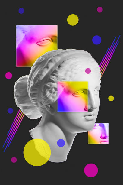 istock Collage with sculpture of human face in a pop art style. Modern creative concept image with ancient statue head. Zine culture. Contemporary art poster. Funky punk minimalism. Retro surreal design. 1307246068