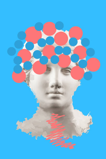istock Collage with sculpture of human face in a pop art style. Modern creative concept image with ancient statue head. Zine culture. Contemporary art poster. Funky punk minimalism. Retro surreal design. 1307246086