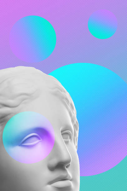 istock Collage with plaster antique sculpture of human face in a pop art style. Modern creative concept image with ancient statue head. Zine culture. Contemporary art poster. Funky minimalism. Retro design. 1307246151