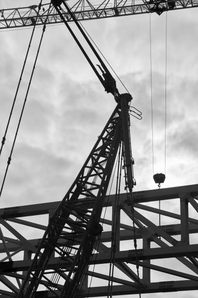 istock Several huge cranes in black and white. Construction industry 1307246892