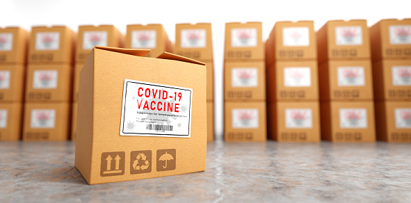 Coronavirus Covid-19 vaccine transport, shipping and delivery. Boxes ready for distribution