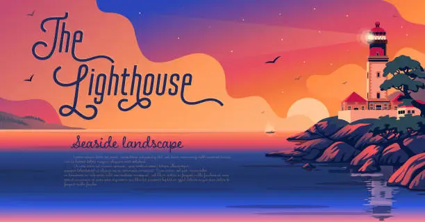 Vector illustration of Lighthouse - vector landscape. Sea landscape with beacon on the beach at sunset. Vector horizontal illustration in flat cartoon style