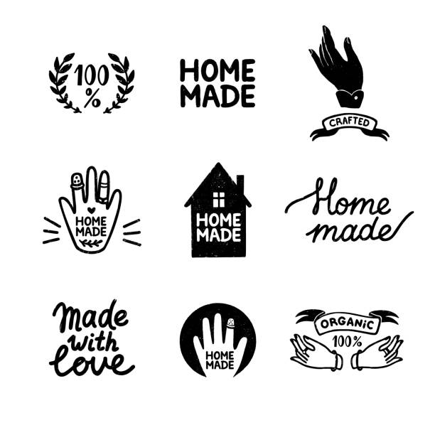 stockillustraties, clipart, cartoons en iconen met zelfgemaakte stempel logo's set - vintage pictogrammen in stempel stijl, zelfgemaakte belettering met schattig huis en handen silhouetten. uitstekende vectorillustratie voor banner en etiketontwerp - thuisbereiding