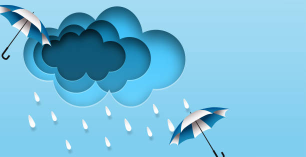 istock Monsoon, Rainy Season background. design with raining drops and umbrella blue sky background. paper art style. vector. 1307249916