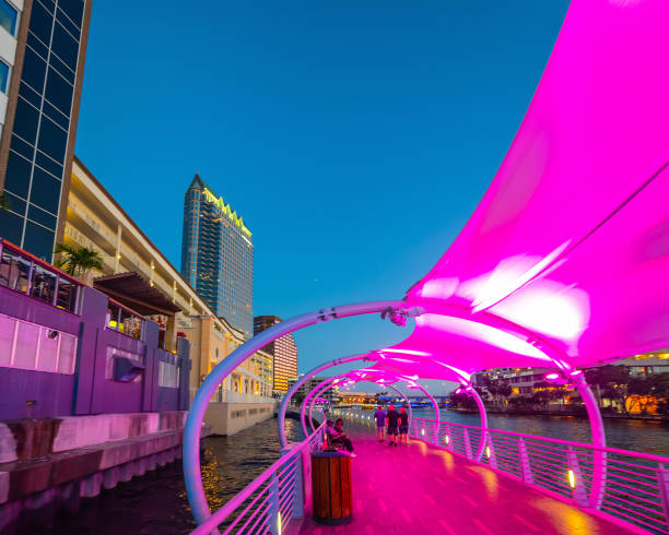Vivid lighting in Tampa riverawalk at sunset, USA