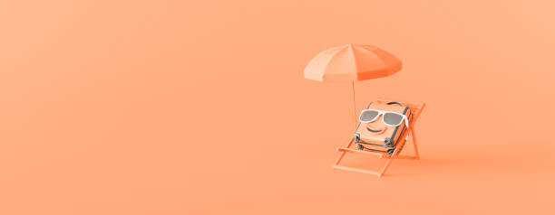 istock Summer suitcase with sunglasses rest on a beach chair. Creative minimal summer concept idea on orange background 3D Render 1307251164