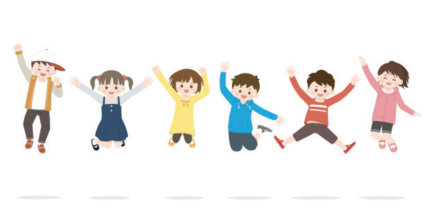 ilustrações de stock, clip art, desenhos animados e ícones de kids jumping illustration - pre adolescent child child white background asian ethnicity