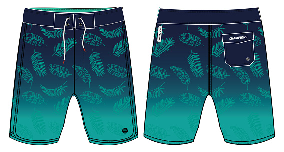 Board Shorts design concept vector template, Swim shorts concept with front and back view for Surfing, Swimming active wear shorts design.