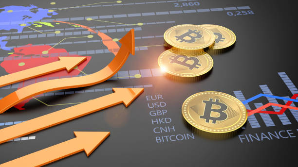 dezentrale kryptowährung bitcoin wächst auf finanzbanking und krypto-währungsmarkt-börse 3d-hintergrund - goldfarbig grafiken stock-fotos und bilder
