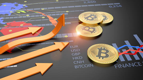 Criptomoneda descentralizada Bitcoin creciendo banca financiera y cripto currency market exchange 3D fondo photo