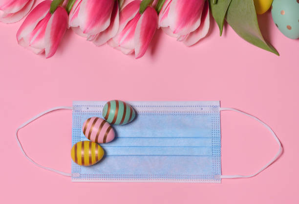 tulips, medical mask, easter eggs on a pink background. celebrating easter during the coronavirus outbreak. quarantine. safe celebration concept.copy space - mask religious celebration horizontal easter imagens e fotografias de stock