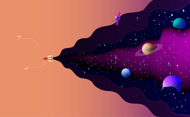 illustrations, cliparts, dessins animés et icônes de illustration vectorielle de l’exploration spatiale. le vaisseau spatial navigue seul dans l’univers étoilé. - cosmos