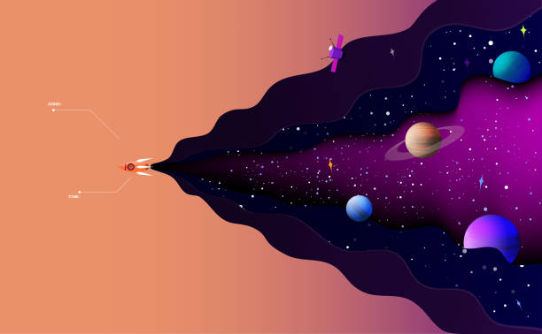 Vector illustration of space exploration.The spaceship sails alone in the starry universe. Vector background for space science, space technology. cartoon of rocket ship blasting off stock illustrations