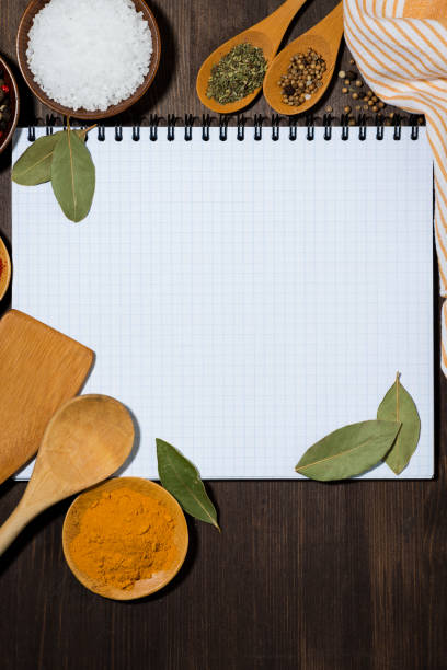 istock open notebook for writing recipes, kitchen spoons and spices wooden background concept, top view vertical 1307255587