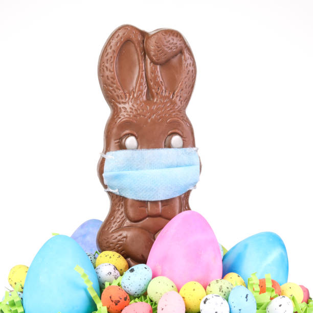 istock Chocolate Easter bunny, surrounded by Easter eggs, wearing a medical face mask for protection to the coronavirus 1307255723