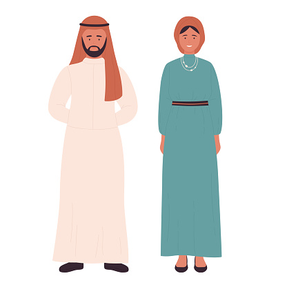 Muslim family or couple people, arabian young husband and wife standing together