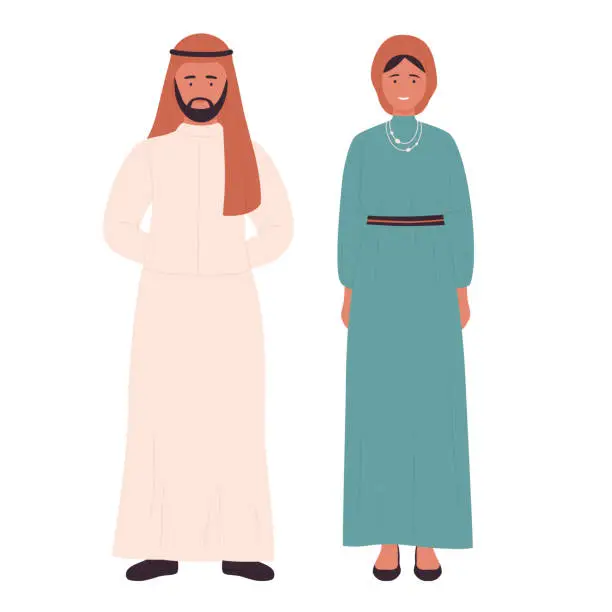 Vector illustration of Muslim family or couple people, arabian young husband and wife standing together