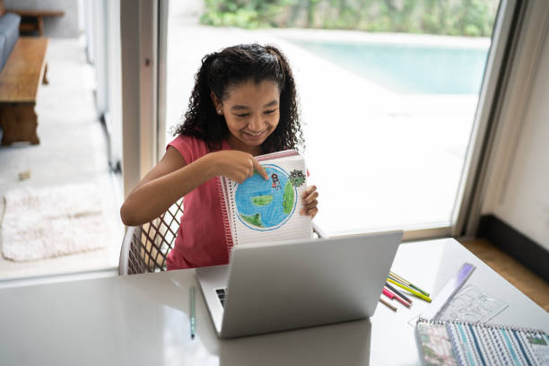 istock Happy girl presenting her planet earth drawing during homeschooling 1307257625