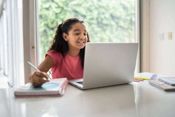 istock Girl watching video class and drawing at home 1307257636
