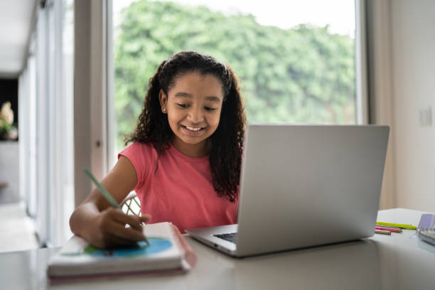 istock Girl watching video class and drawing at home 1307258585