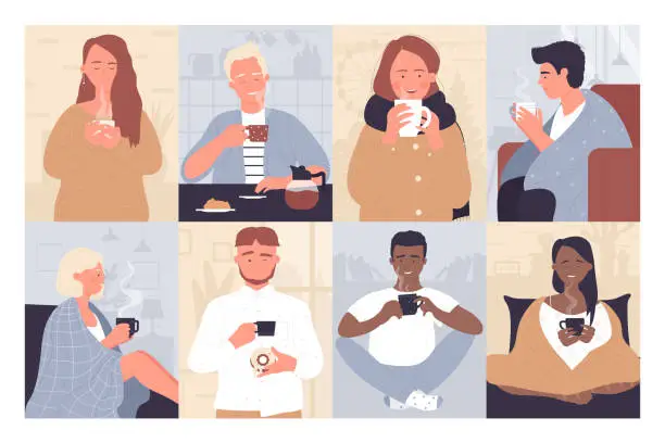 Vector illustration of People drink hot drinks outdoors or at home, holding cup of hot beverage and dessert